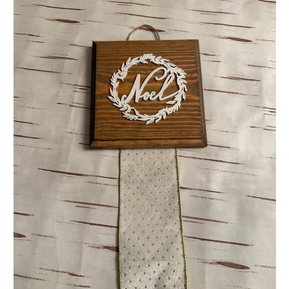 Holiday Christmas Card Holder Noel Wooden Topper White Velvet Gold Ribbon - Picture 4 of 5